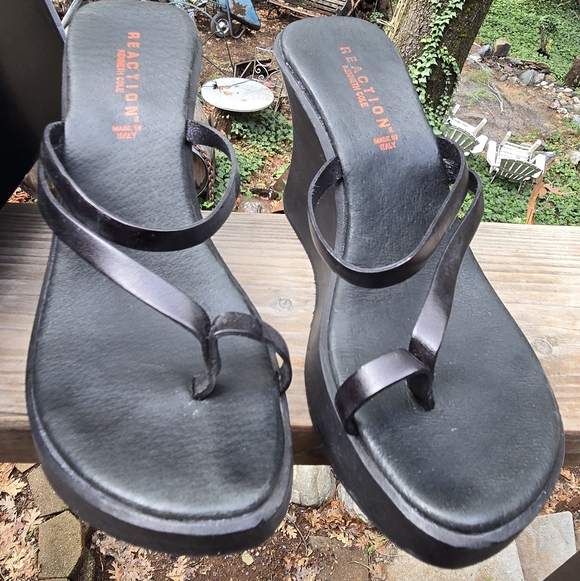 Kenneth Cole Reaction Leather & Wood Stunning RARE Platform Sandal Wedge Sz7 - Picture 4 of 8